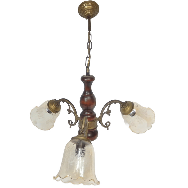 LUSTRE 3 BRANCHES BOIS METAL ET VERRE TULIPE AMBRé
