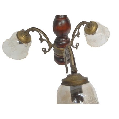 LUSTRE 3 BRANCHES BOIS METAL ET VERRE TULIPE AMBRé