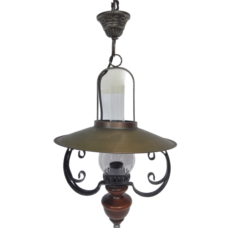 LUSTRE SUSPENSION BOIS METAL ET VERRE STYLE LAMPE A PETROLE