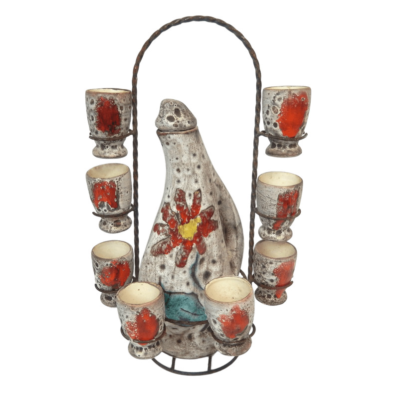SERVICE A LIQUEUR VINTAGE VALLAURIS CARAFE 8 GOBELETS SUR SUPPORT