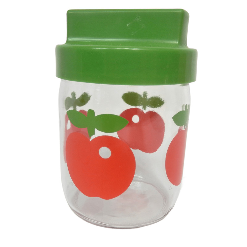 BOCAL POT EN VERRE LEVER DECOR POMMES ANNEES 70