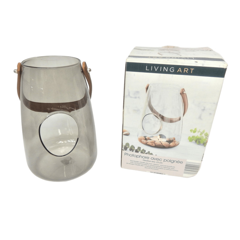 PHOTOPHORE VERRE FUME 23 CM AVEC POIGNEE