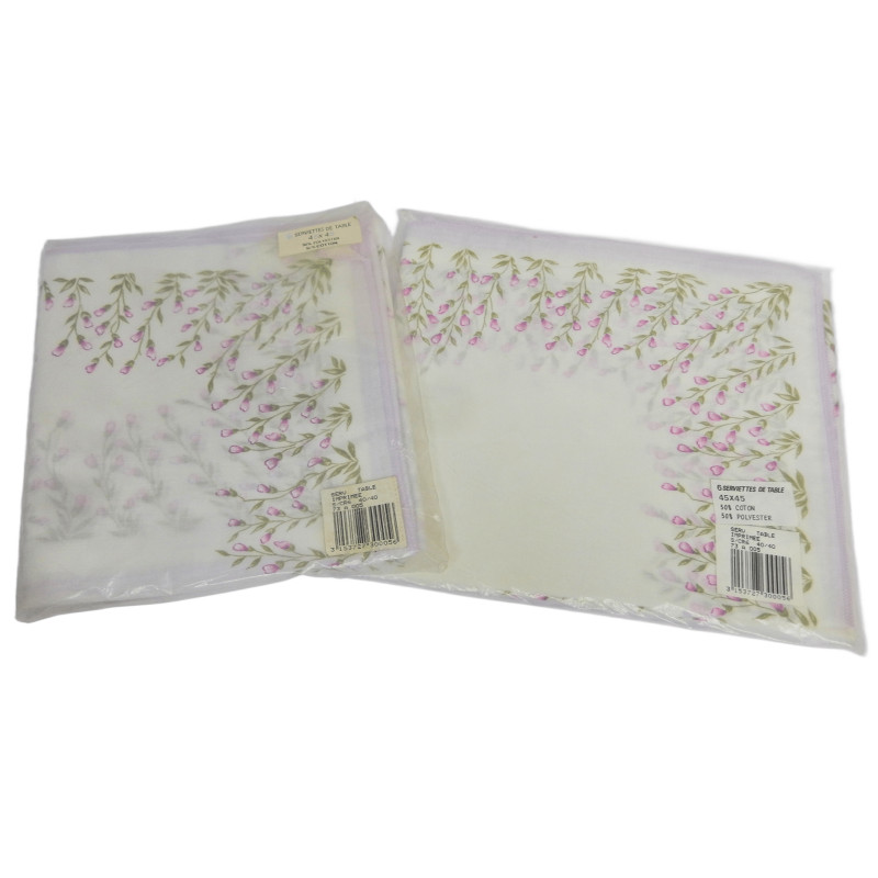 LOT 12 SERVIETTES DE TABLE BORDS FLEURIS 45X45 POLY/COTON