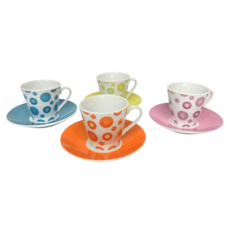 LOT 4 TASSES A CAFE + SOUCOUPES 4 COULEURS