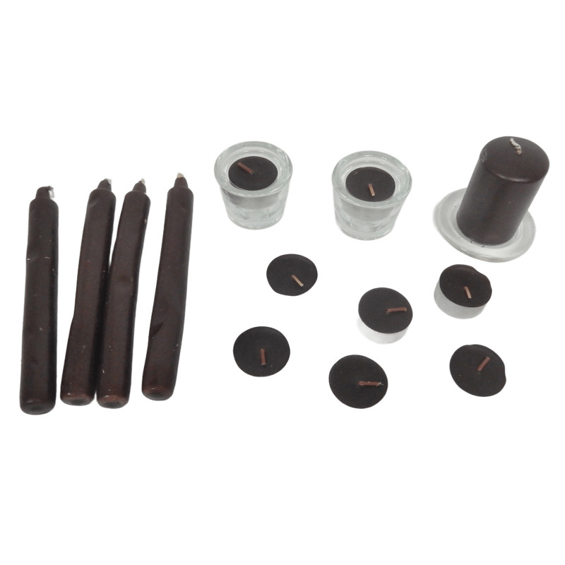 LOT 13 BOUGIES MARRON ASSORTIES + 3 BOUGEOIRS VERRE