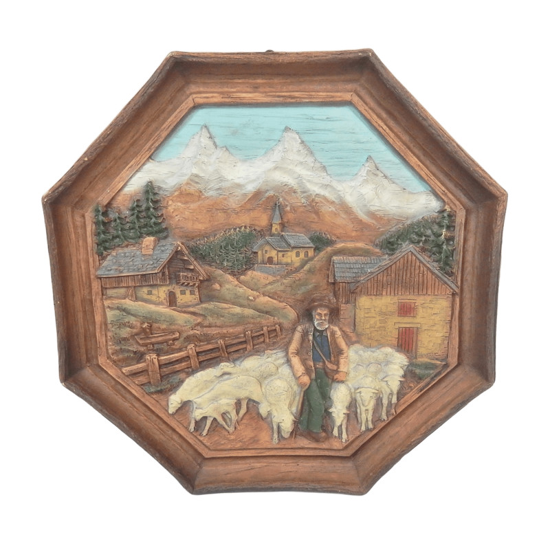 CADRE OCTOGONAL RESINE RELIEF SCENE DE MONTAGNE