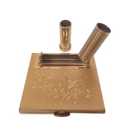 ANCIEN POUDRIER DE SAC METAL DORé DECOR OISEAU