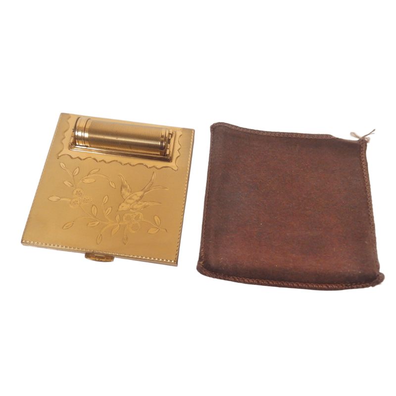 ANCIEN POUDRIER DE SAC METAL DORé DECOR OISEAU