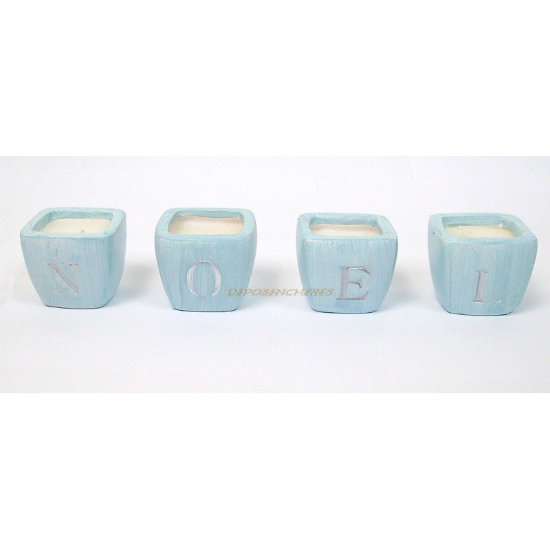 LOT 4 PETITES BOUGIES N O E L CERAMIQUE BLEU PASTEL