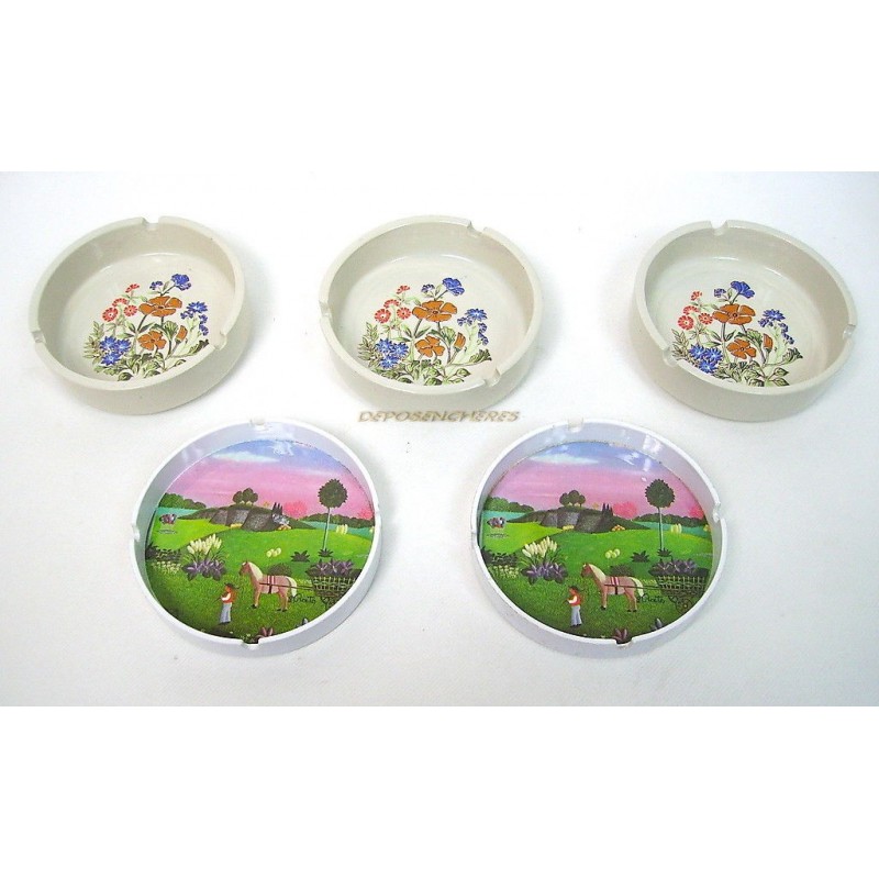 LOT DE 5 CENDRIERS CERAMIQUE ET MELAMINE FLEURI PAYSAGE