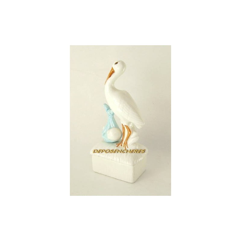 BOITE A DRAGEES ANCIENNE EN CERAMIQUE BEBE AVEC CIGOGNE BOITE A DRAGEES ANCIENNE EN CERAMIQUE BEBE AVEC CIGOGNE