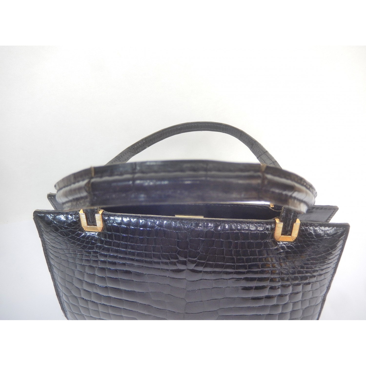 SAC A MAIN VINTAGE EN CUIR DE CROCODILE NOIR ANNEES 50/60