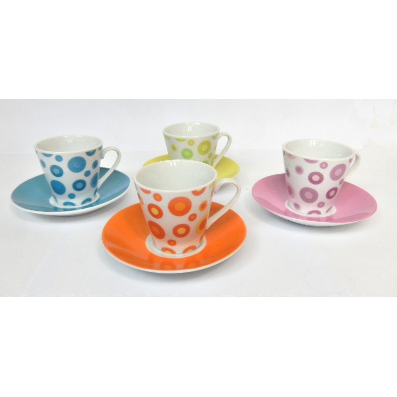 LOT 4 TASSES A CAFE + SOUCOUPES 4 COULEURS