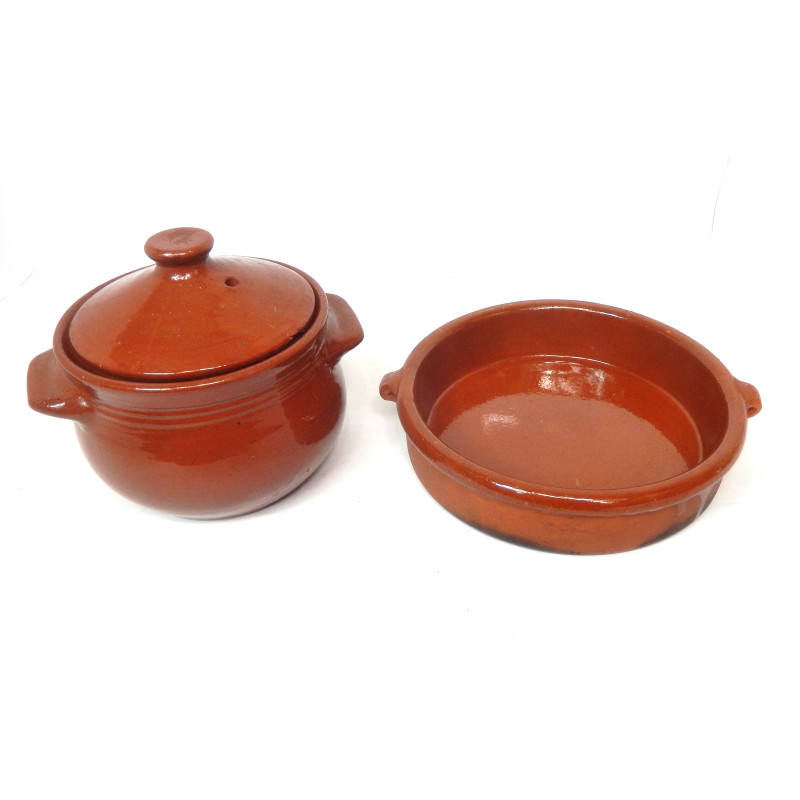 LOT PLAT CASSOLETTE + POT AVEC COUVERCLE TERRE CUITE