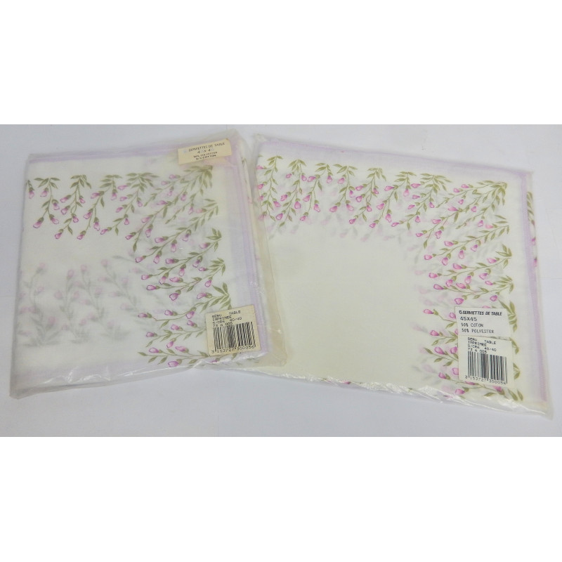 LOT 12 SERVIETTES DE TABLE BORDS FLEURIS 45X45 POLY/COTON