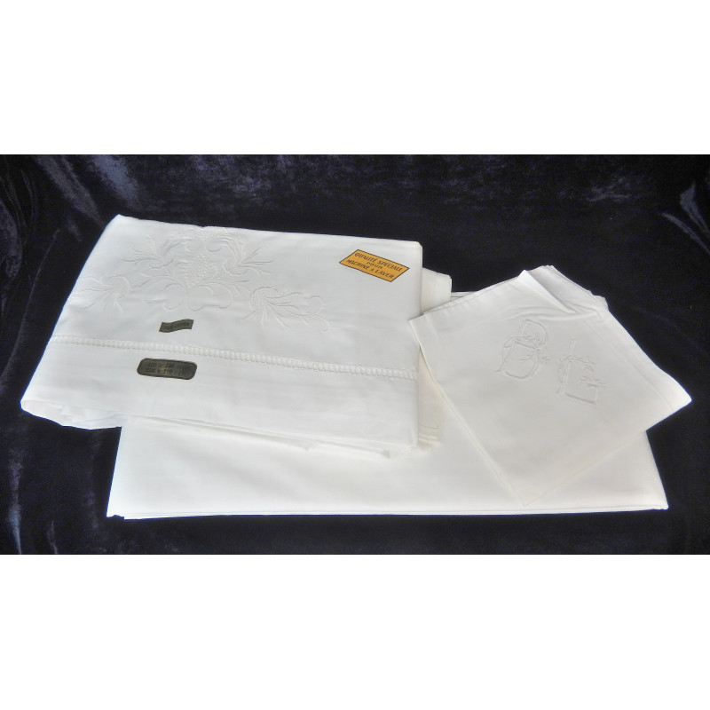 PARURE DRAPS ANCIENS BRODES PUR COTON BLANC 2 DRAPS 1 TAIE