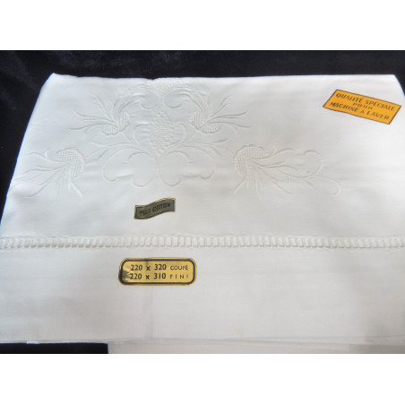 PARURE DRAPS ANCIENS BRODES PUR COTON BLANC 2 DRAPS 1 TAIE