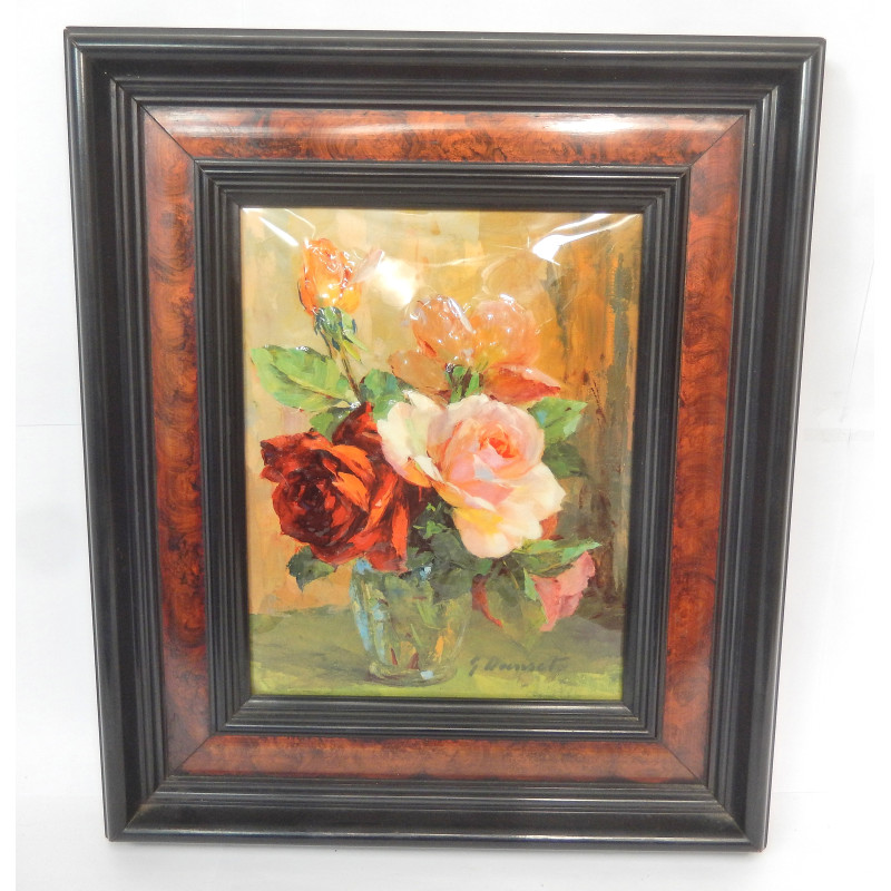 JOLI TABLEAU EMAUX SUR PORCELAINE BOUQUET DE ROSES 32X37CM