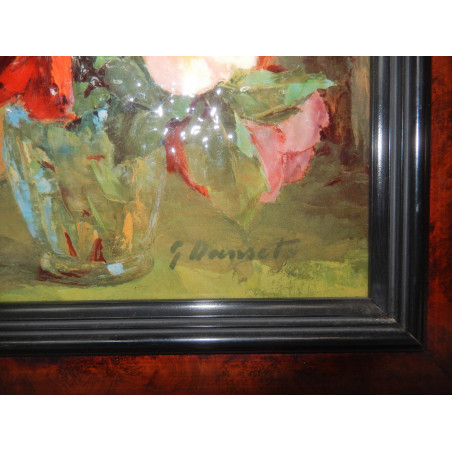 JOLI TABLEAU EMAUX SUR PORCELAINE BOUQUET DE ROSES 32X37CM