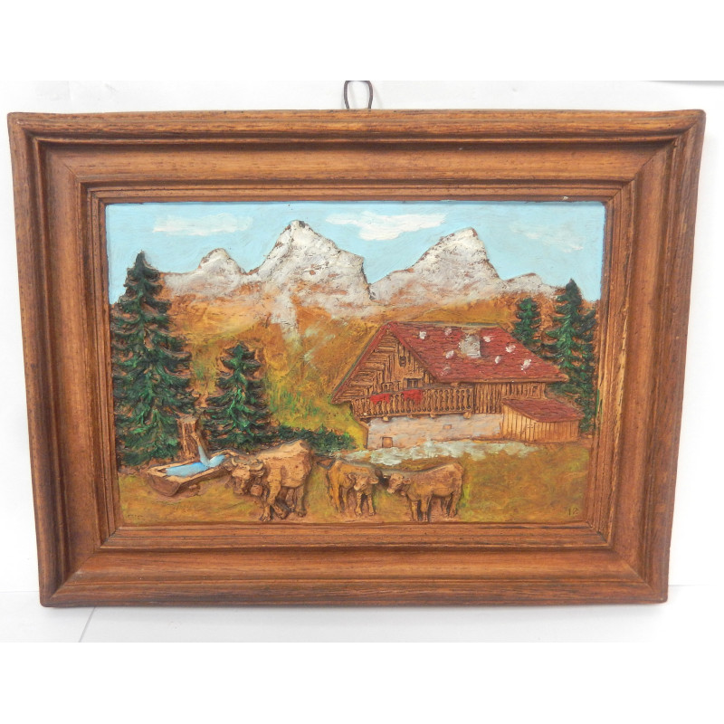 PETIT TABLEAU RESINE RELIEF THEME MONTAGNARD 24X18,5CM