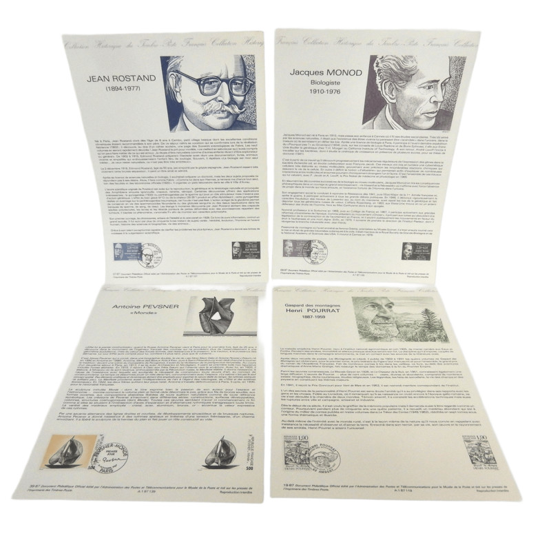 LOT 4 FICHES TIMBRES 1ER JOUR PERSONNAGES CELEBRES