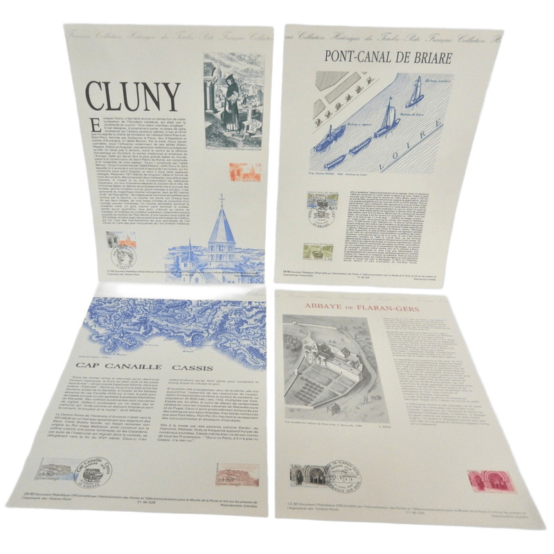 LOT 4 FICHES TIMBRES 1ER JOUR LIEUX