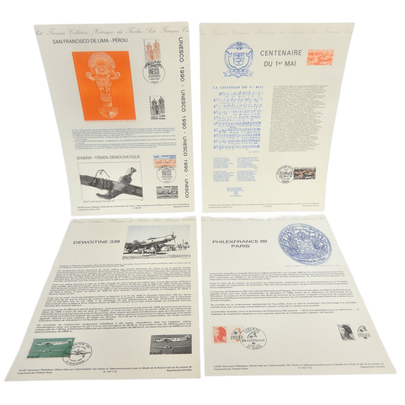 LOT 4 FICHES TIMBRES 1ER JOUR THEMES DIVERS