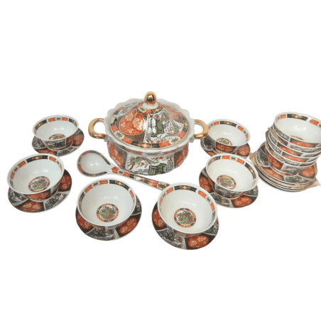 SERVICE A SOUPE CHINOISE PORCELAINE SOUPIERE 12 BOLS ET SOUCOUPES