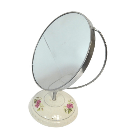 ANCIEN MIROIR DOUBLE FACE ROND SUR PIED EN PORCELAINE