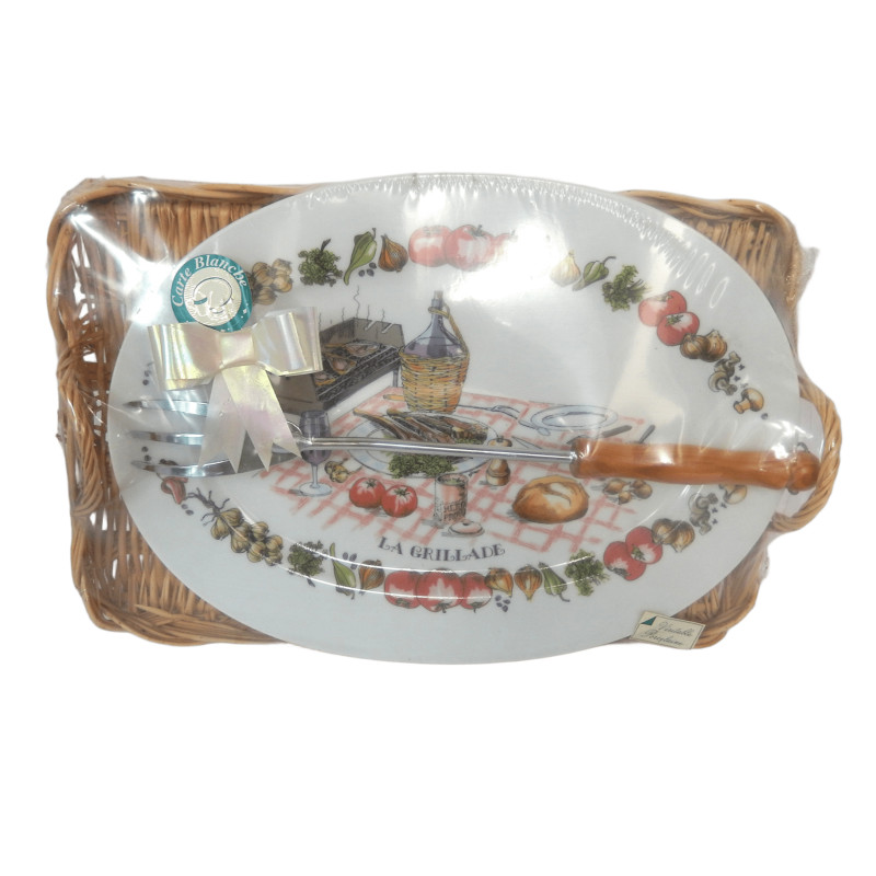 ENSEMBLE PLAT A GRILLADE PORCELAINE PLATEAU OSIER ET FOURCHETTE